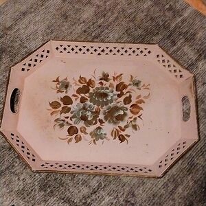 MCM Vintage Pink Toleware Floral Metal Tray with Handles